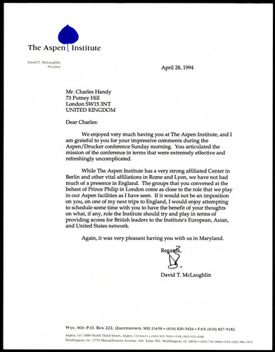 Letter of correspondence from David T. McLaughlin to Charles Handy