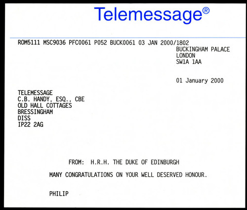 Telegram to Charles Handy from Prince Philip, Duke of Edinburgh