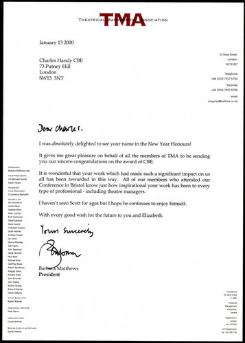 Letter of correspondence to Charles Handy from Barbara Matthews