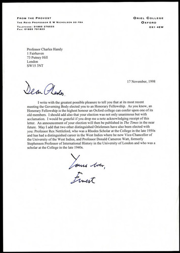 Letter of correspondence from Ernest Nicholson to Charles Handy regarding honorary fellowship