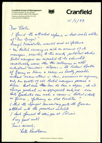 Correspondence from Collin Randlesome to Charles Handy