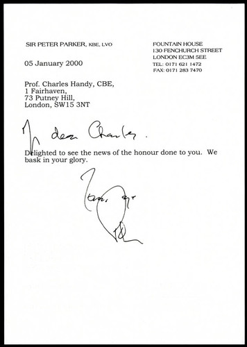 Letter to Charles Handy from Sir Peter Parker