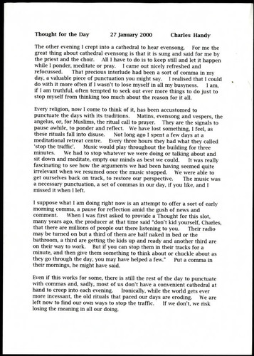 Thought for the day by Charles Handy on pausing for reflection