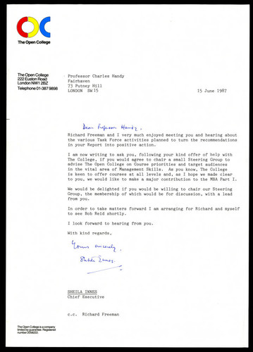 Correspondence from Sheila Innes to Charles Handy