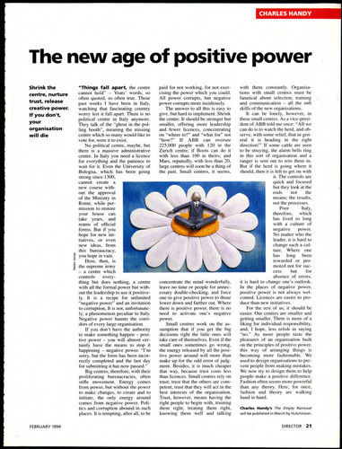 Article by Charles Handy on the organization centre, power, and change