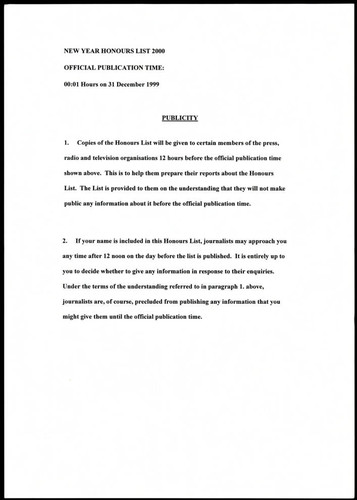 Publicity conditions for Honours List, Charles Handy