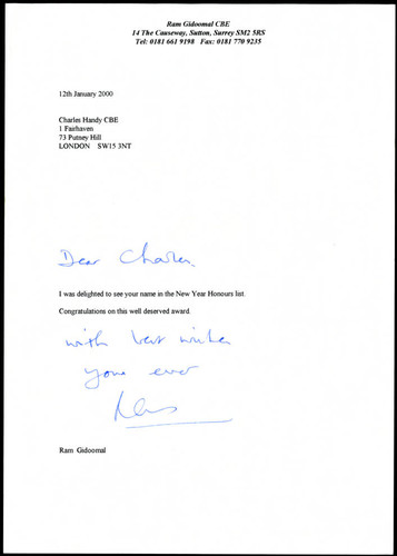 Letter of correspondence from Ram Gidoomal to Charles Handy