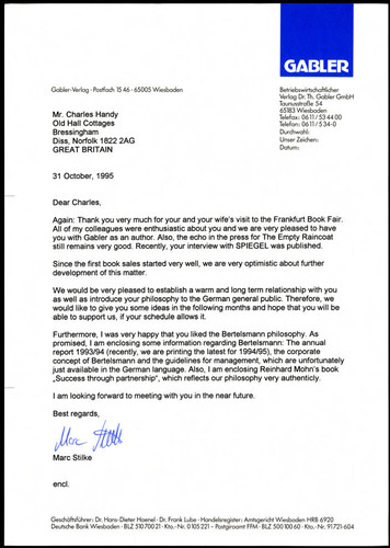 Letter of correspondence from Marc Stilke to Charles Handy