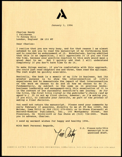 Correspondence to Charles Handy from James A. Autry