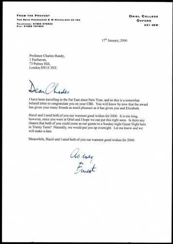 Letter of correspondence from Ernest Nicholson to Charles Handy