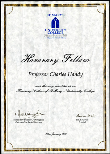 Charles Handy, St. Mary's University honorary fellow certification, 1999