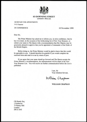 Letter of correspondence from William Chapman to Charles Handy