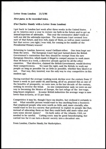 Charles Handy article on working hours in the British government