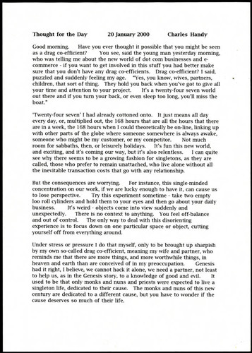 Charles Handy thought for the day on living for work