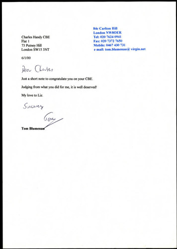 Correspondence from Tom Blumenau to Charles Handy