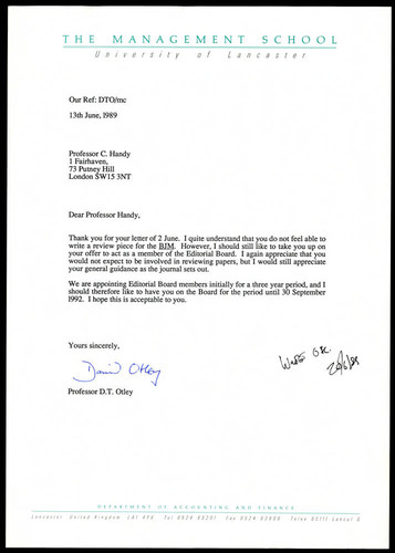 Correspondence from Professor D.T. Otley to Charles Handy