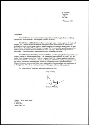 Correspondence from Professor D.A. Kirby to Charles Handy