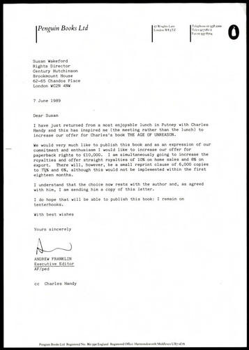 Letter from Andrew Franklin to Susan Wakeford, cc'd Charles Handy