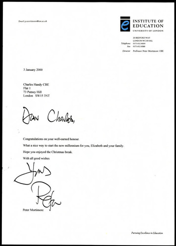 Letter to Charles Handy from Peter Mortimore