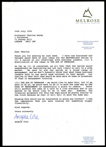 Correspondence from Angela Cole to Charles Handy