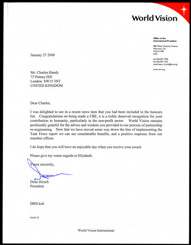 Letter of correspondence from Dean Hirsch to Charles Handy