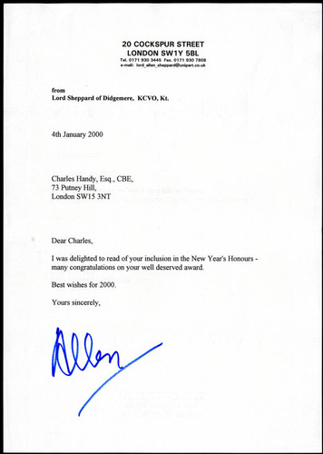 Letter to Charles Handy from Lord Allen Sheppard