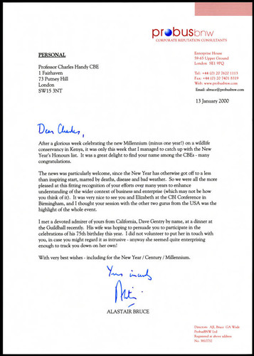 Letter from Alastair Bruce to Charles Handy on Handy's CBE