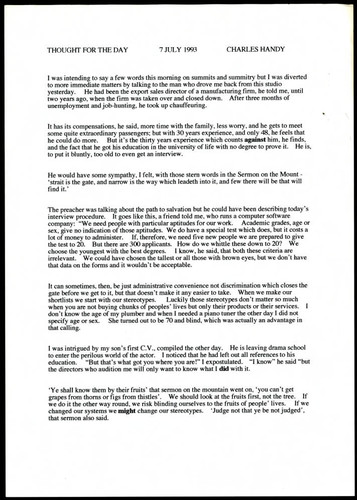 Charles Handy thought for the day on the value of people's experience