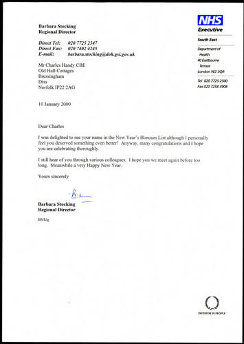 Letter to Charles Handy from Barbara Stocking on his Honours