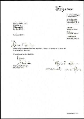 Letter of correspondence from Rabbi Julia Neuberger to Charles Handy