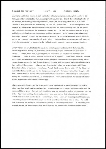 Thought for the day by Charles Handy on money problems