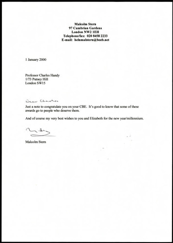 Correspondence from Malcolm Stern to Charles Handy on his C.B.E