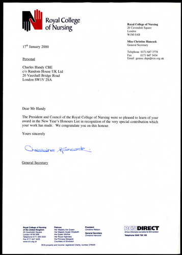 Letter to Charles Handy from Christine Hancock