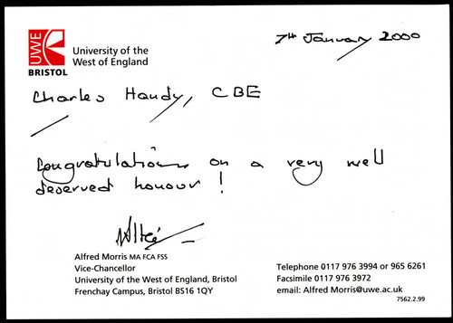 Card letter to Charles Handy from Alfred Morris on his C.B.E
