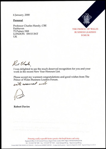 Letter to Charles Handy from Robert Davies