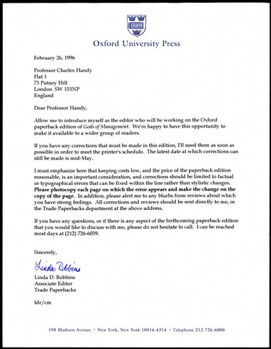 Letter from Linda D. Robbins to Charles Handy on book changes