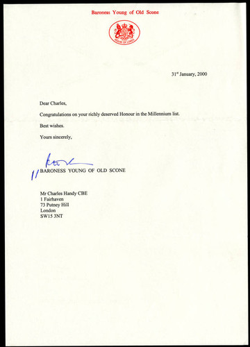 Correspondence from Baroness Young of Old Scone to Charles Handy