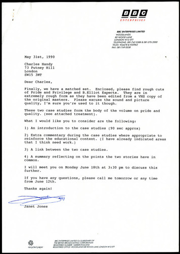 Letter from Janet Jones to Charles Handy regarding BBC filming