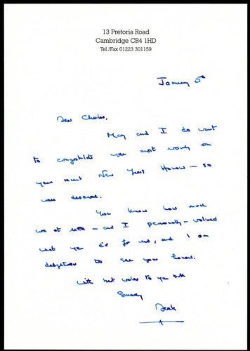 Letter of correspondence to Charles Handy on his C.B.E