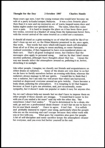 Charles Handy thought for the day on mood and environment