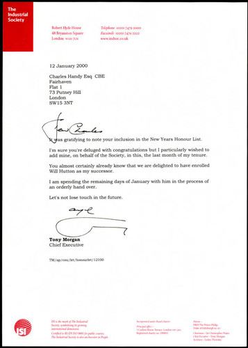 Correspondence to Charles Handy from Tony Morgan