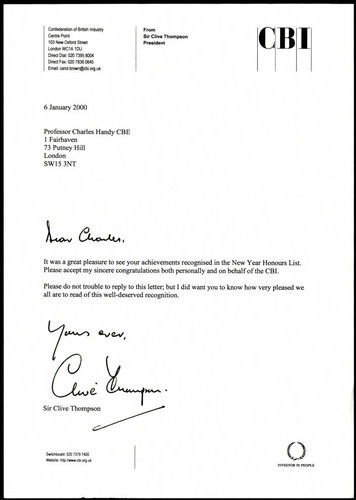 Correspondence to Charles Handy from Sir Clive Thompson on Honours List
