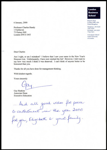 Letter of correspondence from Gay Haskins to Charles Handy