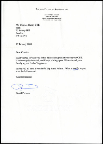 Letter to Charles Handy from David Puttnam on Handy's CBE