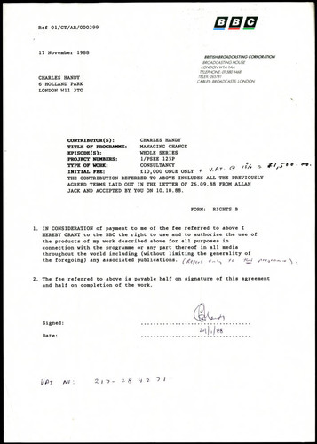 Charles Handy contract agreement with the BBC