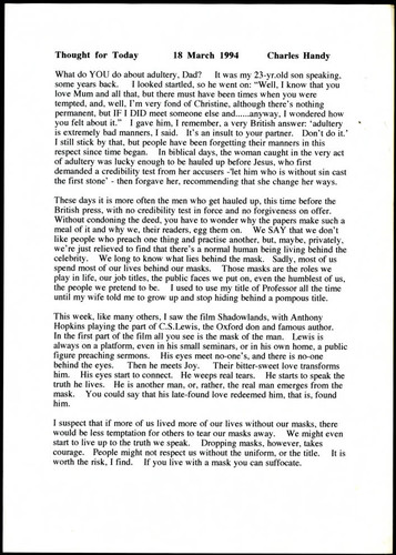 Charles Handy thought for the day on living truthfully