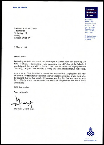 Correspondence from Professor George Bain to Charles Handy
