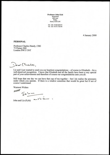Letter of correspondence from John and Liz Fyfe to Charles Handy