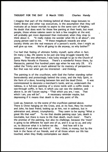 Charles Handy thought for the day on death and life's purpose