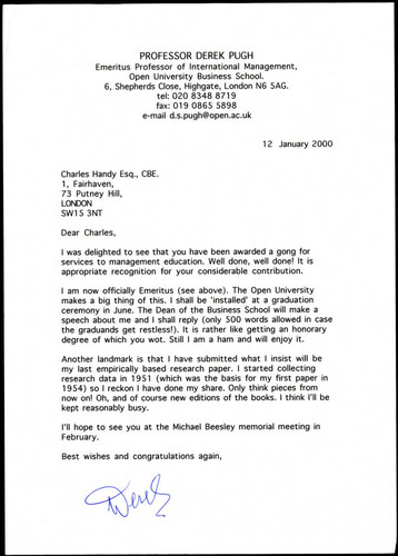 Letter of correspondence from Professor Derek Pugh to Charles Handy